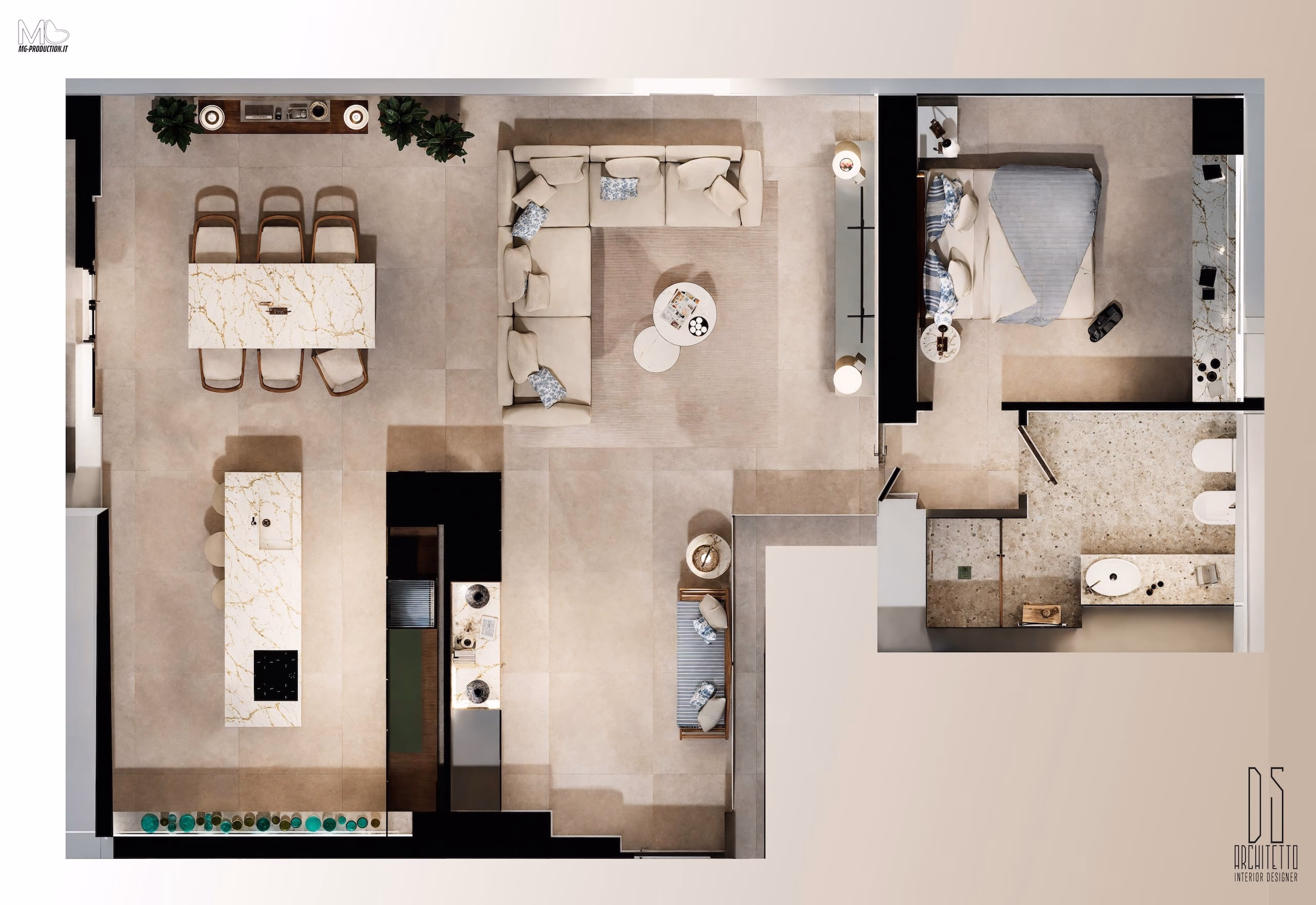 Pianta progettazione render 3d ristrutturazione sottotetto