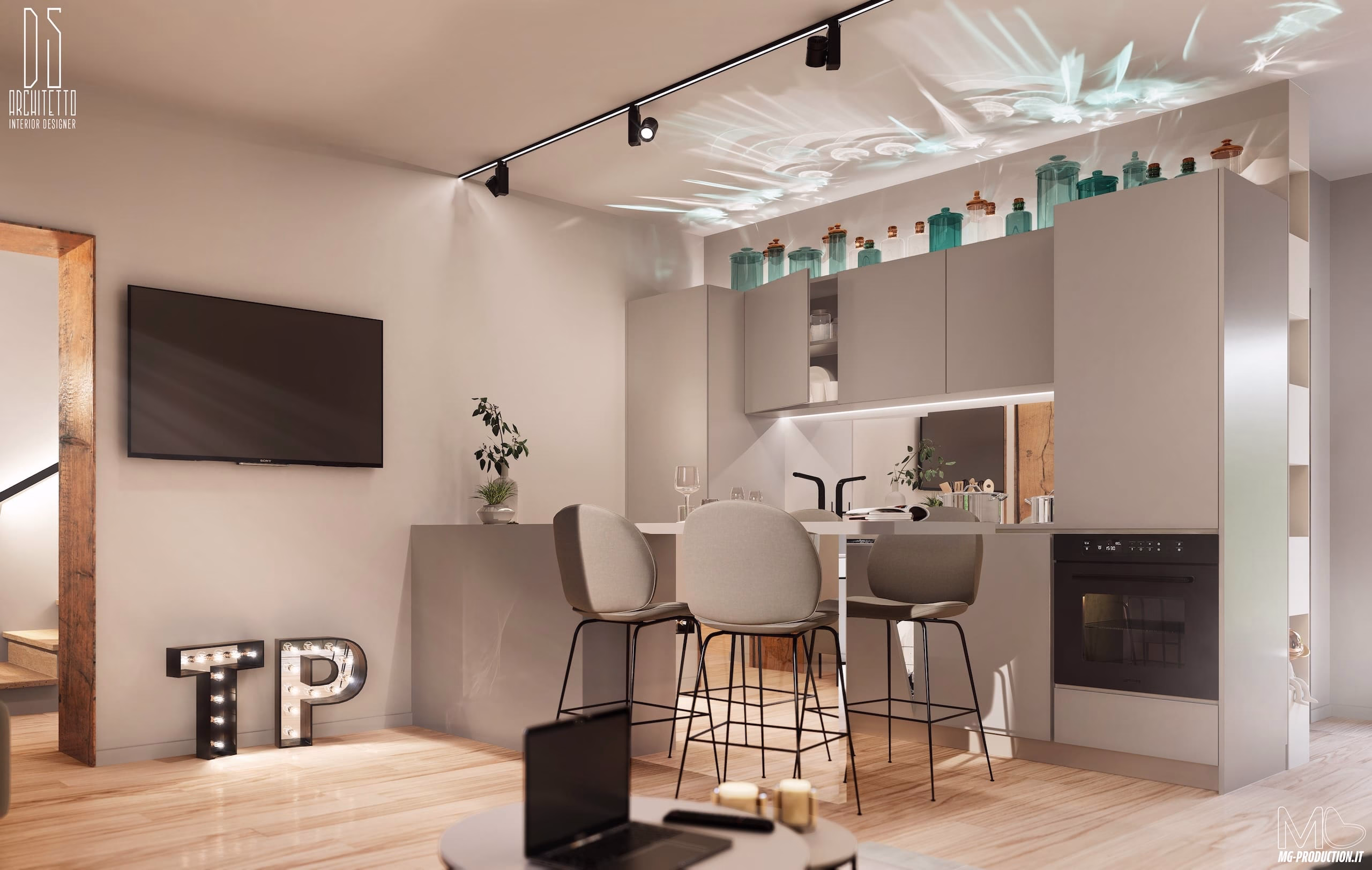 modellazione-3d-appartamento-cucina-con-penisola Progettazioene appartamento su misura