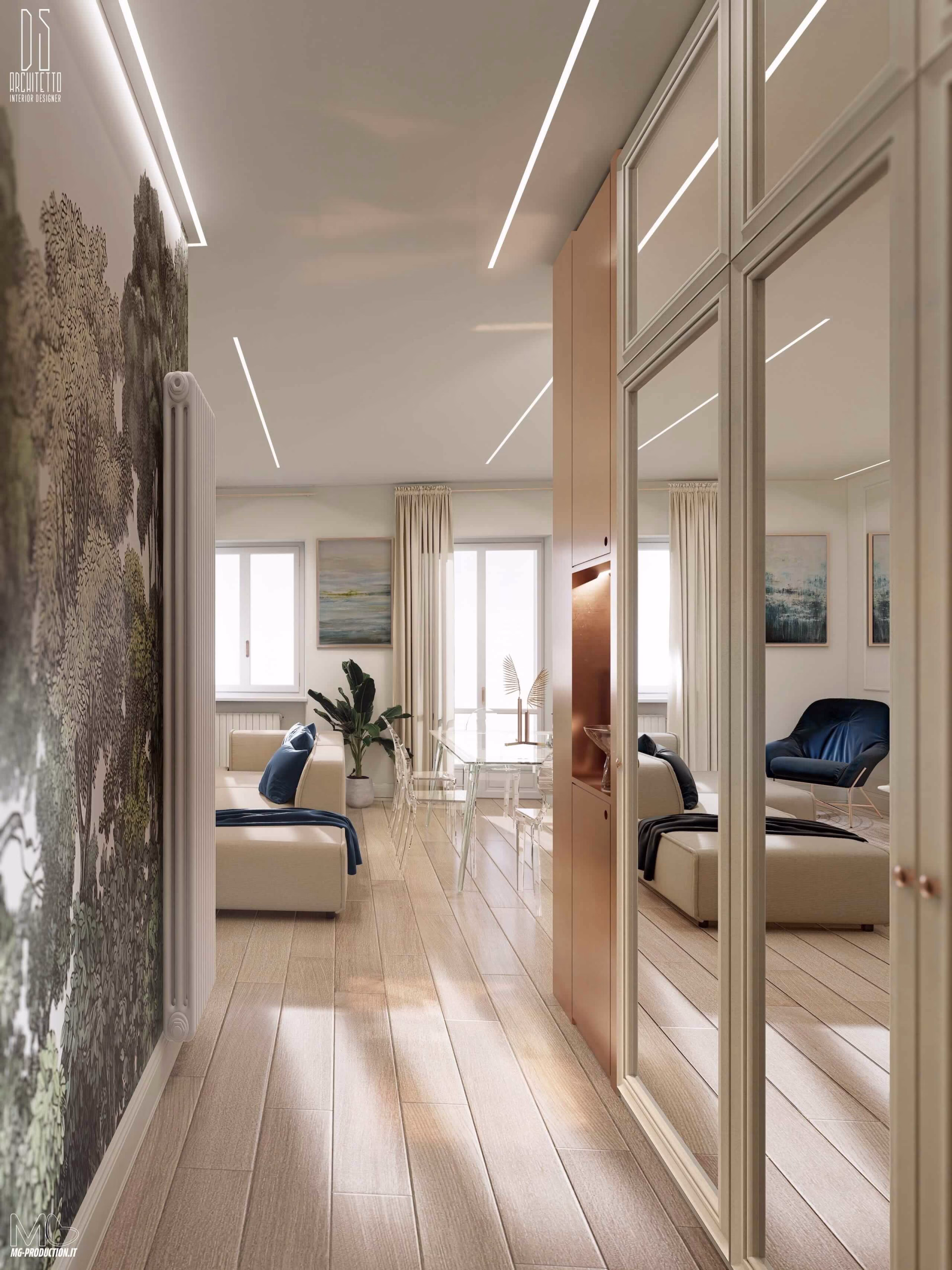 rendering-appartamento-corridoio-specchi-prospettiva